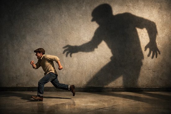 Мужчина убегает от большой тени